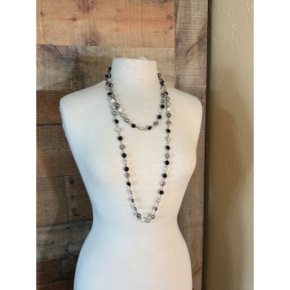 Black Grey White Crystal Faux Pearl Long Station Necklace Silver Tone 36 Inch
